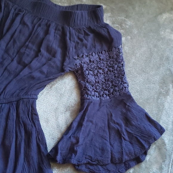 Navy blue off the shoulder bell sleeve romper - Picture 3 of 5
